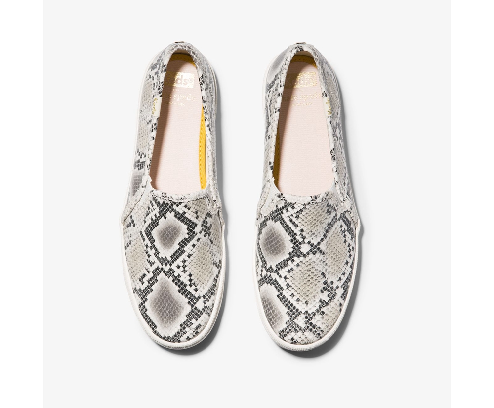 Womens Keds Slip Ons - Kate Spade new york Double Decker Snake Leather - White/Black - 1438-CSANL